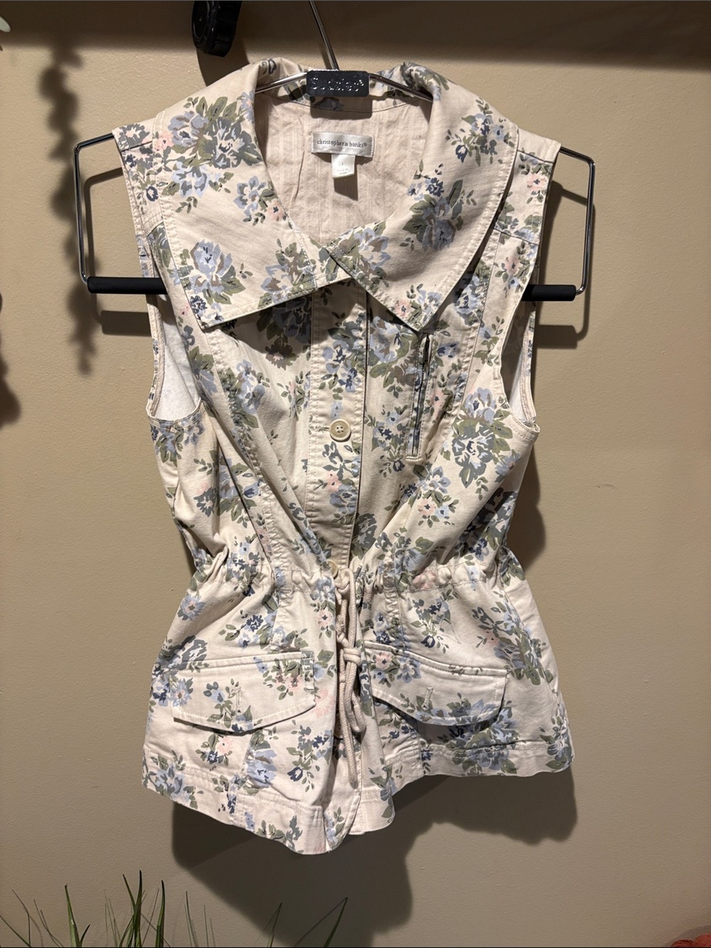 Christopher & Banks Cream Floral Sleeveless Drawstring Utility vest/Tank